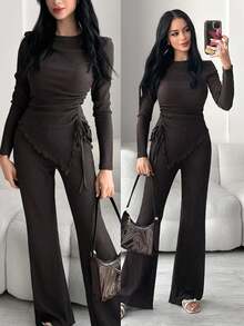 Solavon Women's Solid Color Round Neck Long Sleeve Side Drawstring T-Shirt And Flare Pants Casual 2-Piece Set - Brown - View 2