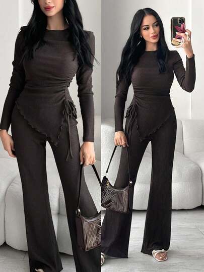 Modelyn Women's Solid Color Round Neck Long Sleeve Side Drawstring T-Shirt And Flare Pants Casual 2-Piece Set