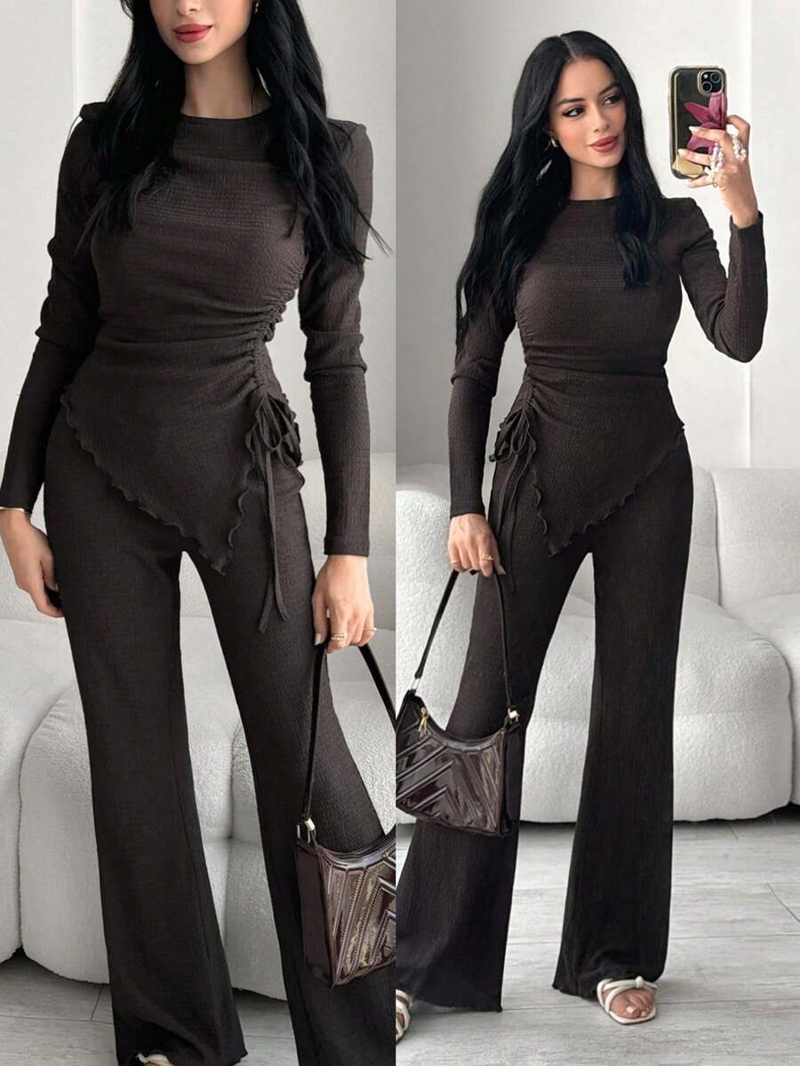Solavon Women's Solid Color Round Neck Long Sleeve Side Drawstring T-Shirt And Flare Pants Casual 2-Piece Set