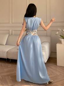 Celisse Blue Embroidered Mesh Splice Deep V-Neck Elegant Dress For Women - Blue - View 2