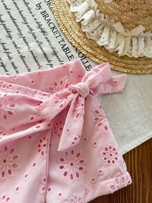 SHEIN LMoss Kids Babygirl Cute Summer Versatile Pink Floral Embroidery Elastic Waist Shorts - Pink - View 5