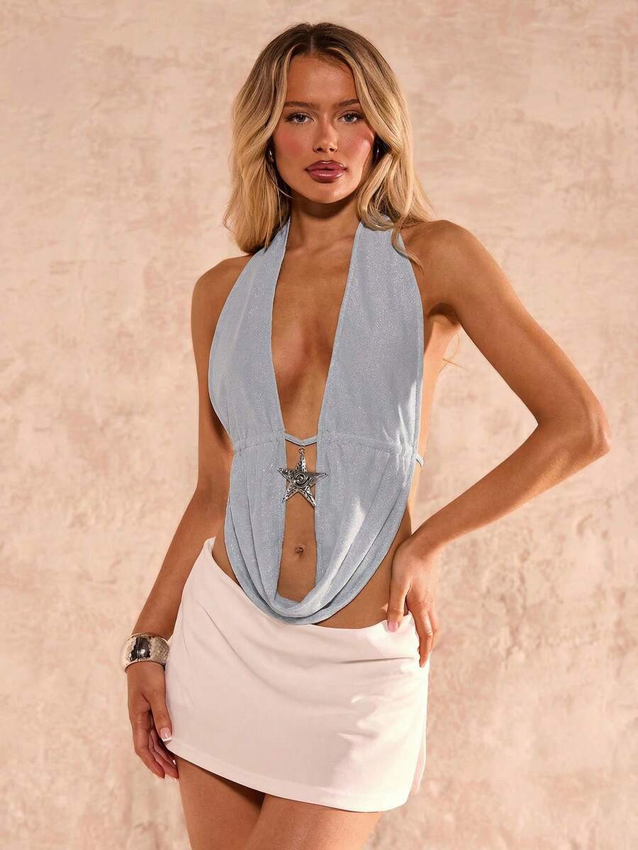 Glamine Women's Halter Neck Shiny Sexy Camisole Top For Party & Vacation Halter Backless Top Halter Top Halter Tops For Women Backless Top For Women Zipper Top Yisikado Dress Shimmer Top Open Back Top Star Detail Top Silver Star Top - Grey - View 1