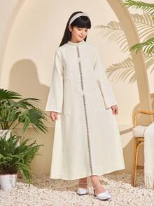 Tween Girl Mandarin Collar 3D Floral Decor Casual Minimalist Daily Wear Bell Sleeve Dress - White - View 5