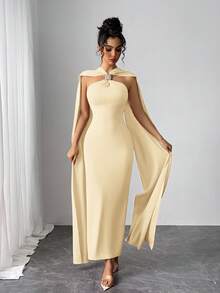 Modelyn 女士优雅收腰超长连衣裙 长款晚礼服 - 鵝黃色 - 查看 6