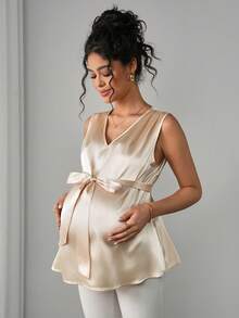 SHEIN Women's Elegant Satin V-Neck Sleeveless Top, Maternity Blouse - Gold - View 3