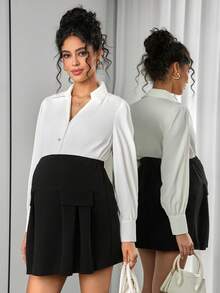 SHEIN Maternity Simple Commuter Solid Color Flap Detail Skirt - Black - View 2