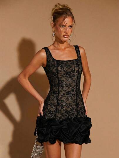 COSMINA Vestido mini ajustado de satén con cuello cuadrado de encaje negro, dobladillo abultado, vestido casual elegante para vacaciones, fiestas, cumpleaños, bodas, cócteles, estilo Y2K y retro francés