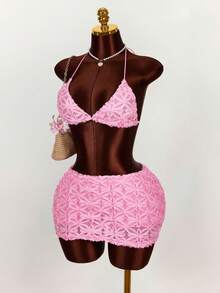 Amplova Romantic Boho Vacation New Textured Fabric Triangle Cup Bralette Top & Low Waist Mini Skirt Women 2-Piece Set Short Skirt Two Piece Set 2 Piece Sets Woman Lace Two Piece Set Bikini Skirt Set - Pink - View 4