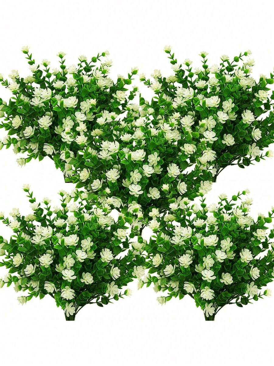 2/6Pcs 35cm/13.78" Artificial Fake Flowers, Artificial Boxwood Plants Imitation Outdoor Plastic Plants, UV Resistant Bushes, Fake Outdoor Plants For Indoor And Outdoor Decoration, Table Centerpiece Vase, Bookshelf, Bedroom, Wedding Celebration Bouquet, Outdoor Garden Decoration, Mother's Day Gift - White - View 1