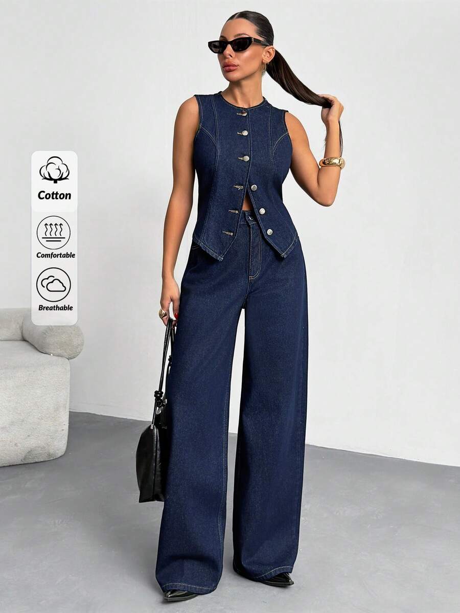 SHEIN 100%纯棉女士深色水洗牛仔背心和裤子两件套 - 深色水洗藍 - 查看 1