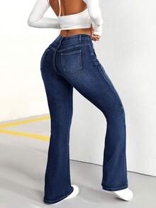 SHEIN PETITE Jeans acampanados casuales y versátiles para ir al trabajo con bolsillos para mujeres - Azul - Ver 3