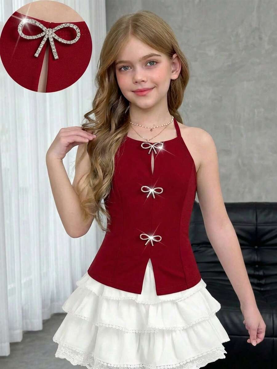 Firerie Kids Firerie Kids Tween Girl Red Knit Fitted Rhinestone Bow Decor Slit Halter Neck Chic Fashion Camisole, Y2K, Back To School, Mommy And Me Matching - Red - View 1