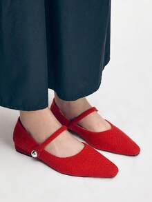 Mnmlis 女士新款灰色法式低跟尖头简约时尚羊毛玛丽珍鞋 - 紅色 - 查看 5