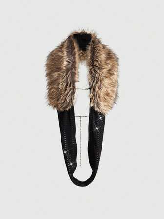 Grunge Punk Chaleco sin espalda con cuello de piel de estilo patchwork y cuello profundo caído para mujeres, estilo Y2K