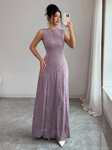 SHEIN Elenzya 女士无袖长连衣裙，性感蕾丝钩编时尚开衩修身连衣裙，法式复古优雅正式礼服，适合夏季日常通勤、派对、宴会和假日场合 - 紫色 - 查看 5