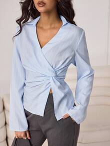 Aidyla 女士蓝色条纹编织收腰褶裥休闲衬衫，春夏款 - 藍色 - 查看 1