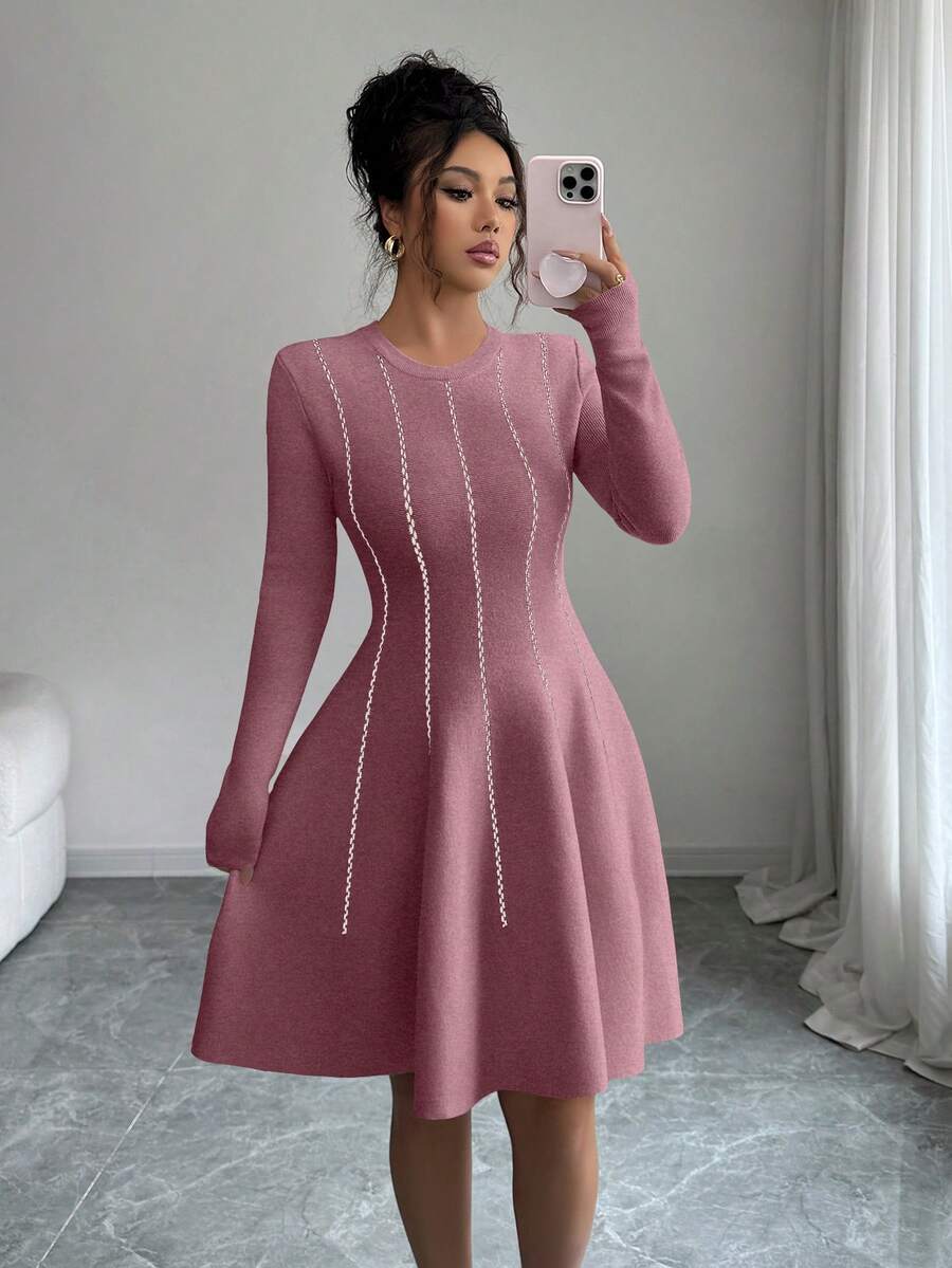 SHEIN Elenzya Đầm ngắn tay dài cổ tròn, eo thon, kiểu Hàn Quốc thu đông thanh lịch phối màu. - Hồng - Xem 1