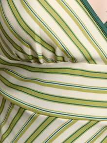 Nöista Striped Fitted Tank Top With Contrast Bindings. Crossed Neckline And Hortizontal Pannel Under Chest. Green Stripes. Spring Summer Casual Outfit.