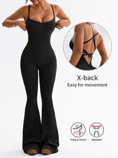 Dewbera 1 st sömlös rygglös sportjumpsuit med korsad midja och v-ringning för kvinnor för löpning, fitness, yoga, dans och leotard
