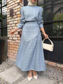 DAZY Women's Elegant Mandarin Collar Puff Sleeve Blouse & Asymmetrical Hem Skirt 2-Piece Set, Spring/Summer - Blue - View 1