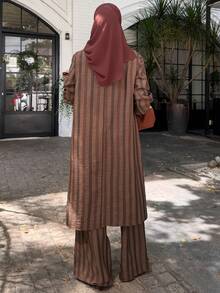 DAZY Women's Elegant Striped Oblique Collar Slit Long Shirt And Wide Leg Pants 2 Pieces Set, Spring/Summer - Coffee Brown - View 2