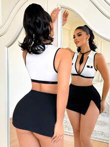 4pcs Women's Costume Set (Wireless Bra, G-String, Mini Skirt, Neck Scarf) - Black and White - View 2