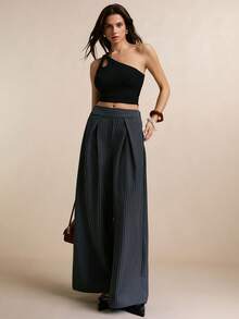 Poéselle Women's Pleated Pocket Loose Casual Striped Wide Leg Pants - Grey - View 5