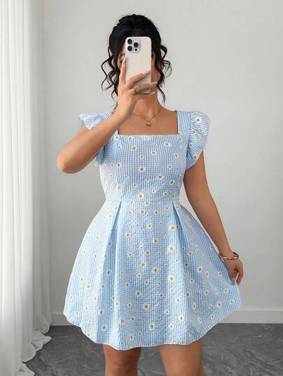 Elenzga Vestido de línea A con cuello cuadrado y mangas abullonadas con estampado de margaritas para mujer de talla grande, vestido de manga abullonada con estampado de margaritas a rayas azules retro y dulce, vestido corto de manga corta con cuello cuadrado y estampado floral pequeño para el verano, adecuado para uso diario, compras o reuniones con amigos