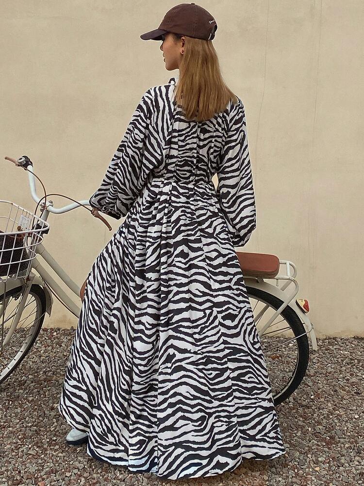 Women's Leopard Print Cardigan Waist Maxi Casual Dress Vacation Sundress