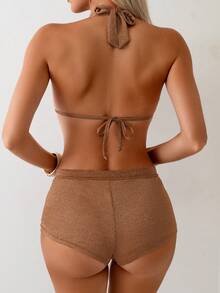 Swim Lushoire 女士金属装饰露背性感比基尼套装，海滩度假 - 棕色 - 查看 2