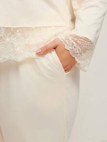 LUVLETTE 大码柔软100%纯棉蕾丝优雅饰边纽扣衬衫长裤家居服睡衣套装，女士四季睡衣内衣套装 - 白色 - 查看 4