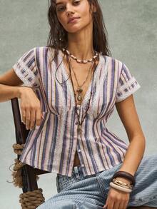 Bohemela 休闲条纹短袖V领修身女式衬衫 - 彩色 - 查看 4