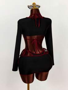 Amplova 2026 Women's New Sports Collegiate Style Long Sleeve Cropped Top, Halter Neck Tank, And Bodycon Mini Skirt Set - Black - View 10