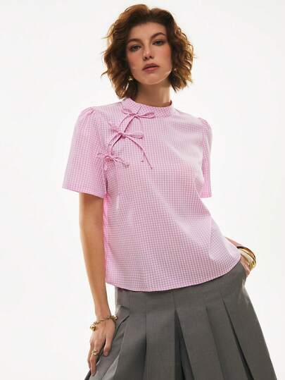 Poéselle Pink Gingham Bow Knot Chinese Frog Button Top, Cute Short Sleeve Checkered Blouse, Summer Cottagecore Tie Detail Shirt For Women,Women's Casual Plaid Tie-Up Puff Sleeve Shirt, Summer,French-Style Blouse,2026 New Arrival