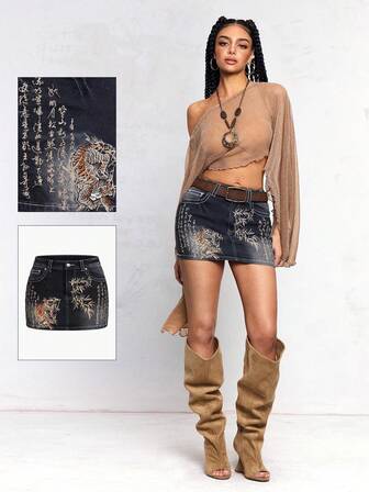 J-Fashion Minifalda de mezclilla con contraste de color, bordado de cabeza de tigre al estilo chino vintage y cintura baja retro Y2K para mujeres