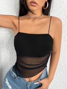 SHEIN PETITE YK2 “辣妹”性感网纱镂空无肩带吊带背心，适合夜店和海滩度假穿着 - 黑色 - 查看 7