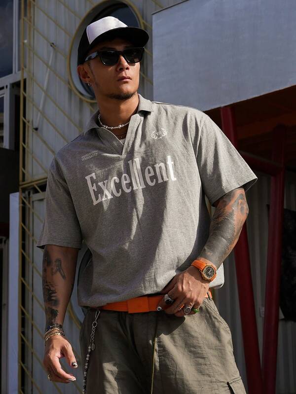 DAZY メンズ レタープリント ハーフジップ グレーTシャツ、夏用