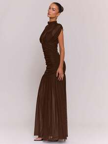 MUSERA Mesh Underlay Pleated Maxi Dress Winter Cosy Cute Casual Night Out Date Night  Party - Chocolate Brown - View 3