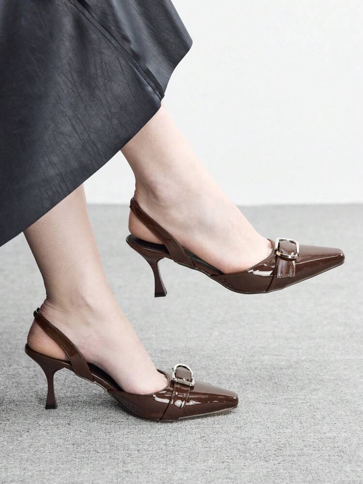 CUCCOO BIZCHIC Women's Outdoor Round Toe Stiletto Heels, PU Leather, Buckle Decor, Fashionable Minimalist Design, Comfortable For Daily, Party, Banquet, Slip-On Hollow-Out Pumps Valentine's Day