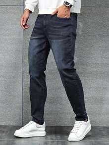 Manfinity Homme Quần jean denim nam cỡ lớn màu xanh đậm cổ điển dáng ôm, phong cách retro thường ngày, đa năng. - Rửa nhẹ - Xem 3