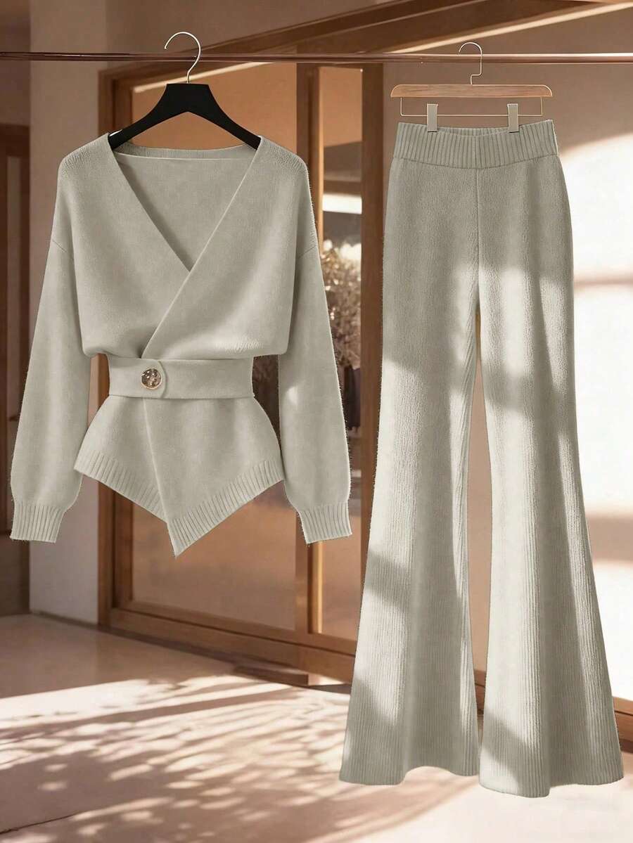 Franclia 2件套女士休闲宽松时尚优雅通勤高品质针织毛衣套装，秋冬季 - 卡其色 - 查看 1