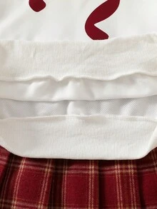 SHEIN 两件套 时尚休闲学院风女童杏色针织套头衫（带蝴蝶结印花）搭配红色格子百褶迷你裙，适合户外、旅行、街头、休闲、居家、学校、日常搭配 - 白色 - 查看 7