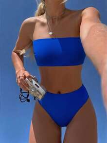 SHEIN Swim 2026 Special Fabric Women's Halter Backless Tie Vacation Navy Blue Side High Cut 2-Piece Bikini Swimsuit, Spring/Summer - Royal Blue - View 1