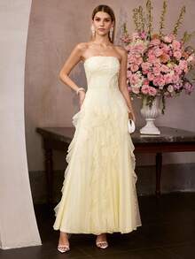 MOTF Soiréza WOMEN'S SPRING LACE ROMANTIC RUFFLE HEM STRAPLESS COCKTAIL PARTY DRESS - Yellow - View 6