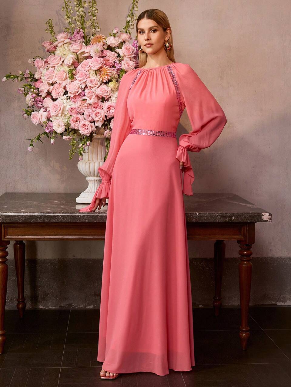 MOTF Soiréza WOMEN FLOOR-LENGTH CHIFFON EVENING GOWN WITH RHINESTONE DETAILS, LANTERN SLEEVES WITH RUFFLED CUFFS, CONTOURED WAIST & A-LINE FLOWING DRESS