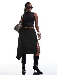 SHEIN EZwear 大码黑色不对称下摆半身裙 - 黑色 - 查看 3