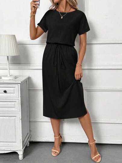 SHEIN Clasi Apricot Vacation Round Neck Short Sleeve Fitted Mid-Length Dress For Women, Suitable For Summer Casual, Holiday, Daily Commute