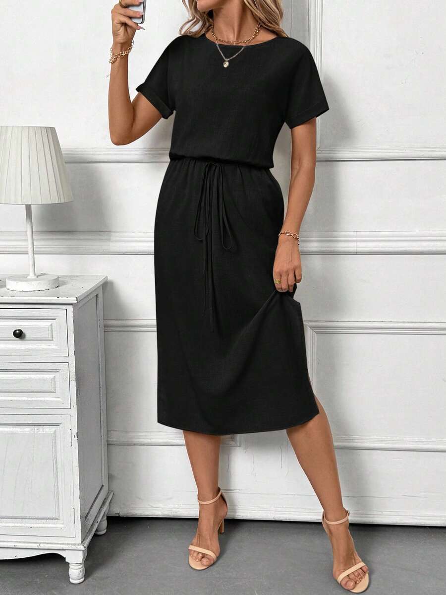 SHEIN Clasi Apricot Vacation Round Neck Short Sleeve Fitted Mid-Length Dress For Women, Suitable For Summer Casual, Holiday, Daily Commute - Black - View 1