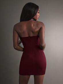 Hauture 女士性感夜店魅力镶钻迷你连衣裙 - 酒紅色 - 查看 3