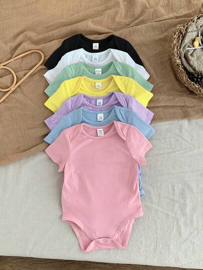 SHEIN LMoss Kids 7pcs/Set Newborn Baby Girl Cute Solid Color Knitted Short Sleeve Romper, Summer Baby Neutral Color Clothes Neutral Baby Clothes Unisex